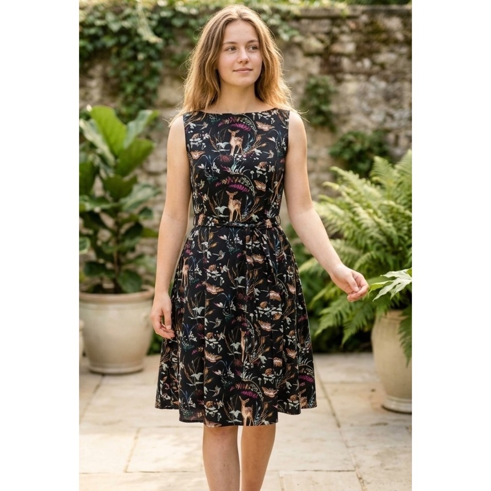 Heart of Haute S Monica Knee Length Flare Dress in Black"Oh Deer" Print Swing